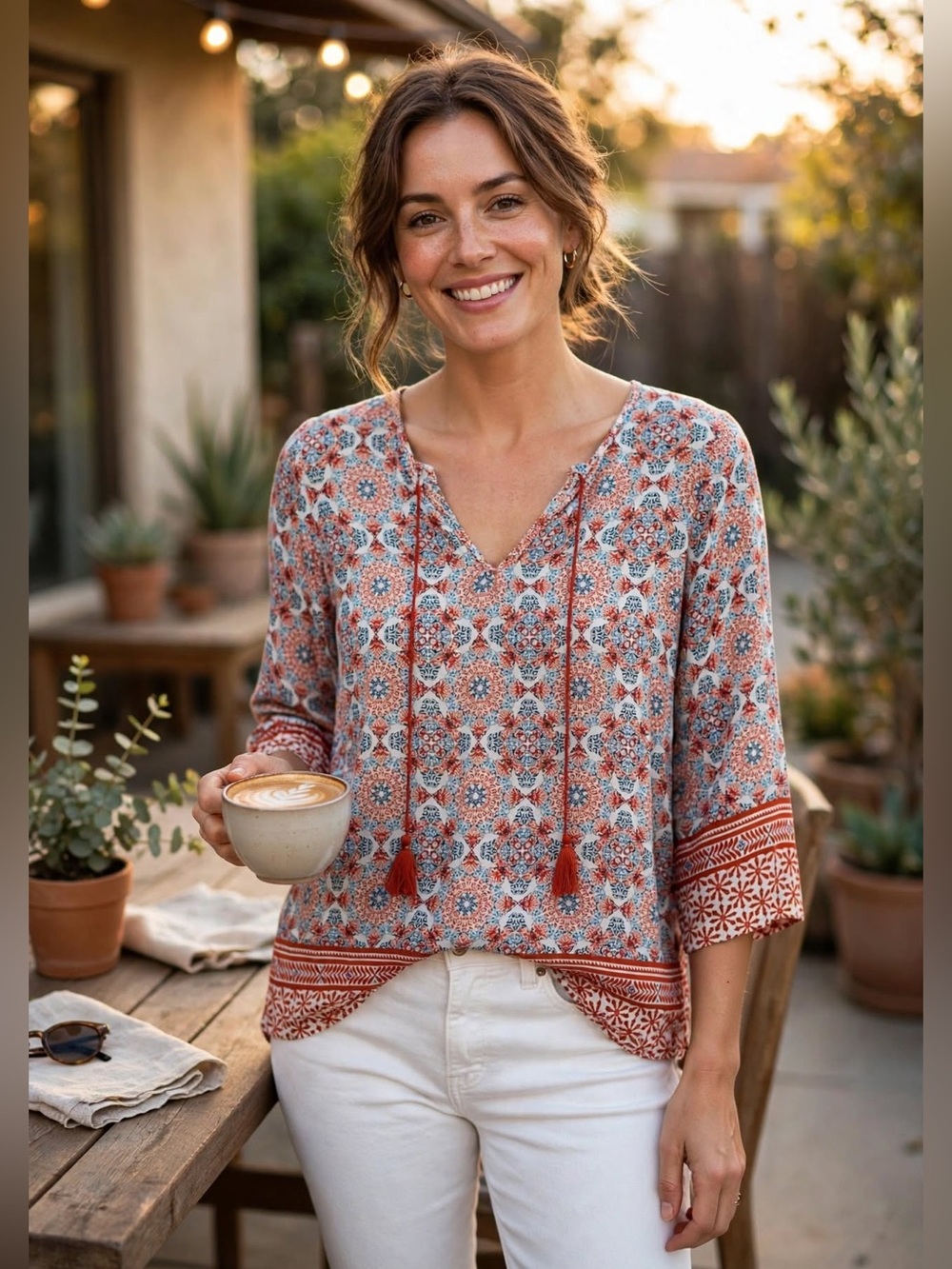 Women’s M/L Boho Medallion Print Tassel Tie Tunic Blouse 100% Rayon